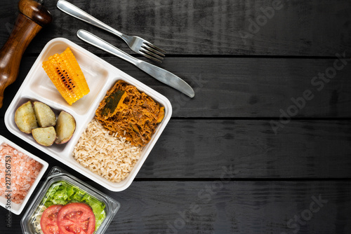 Lunchbox - Shredded beef with squash, brown rice, sweet potatoes and fried corn photo