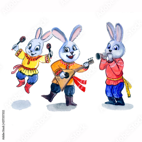 Bunnies with Russian costumes playing the balalaika, watercolor illustration