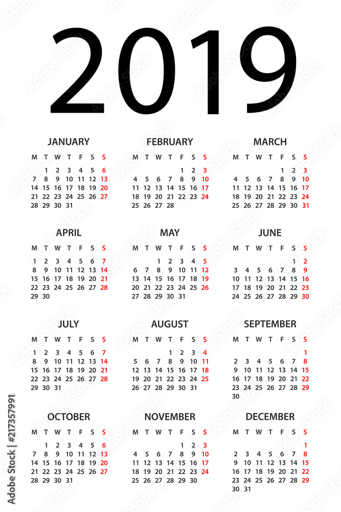 Calendar 2019 - illustration. Week starts on Monday Calendar 2019 - illustration. Week starts on Monday