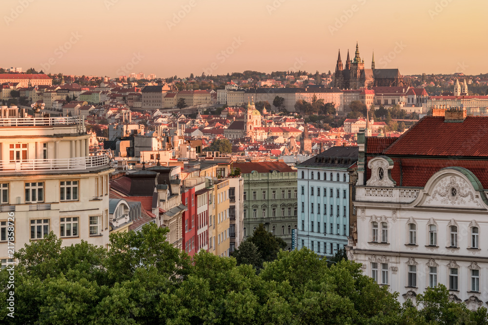 urban photography of the capital city of the Czech Republic during a morning sunrise. Historical centre of Prague.