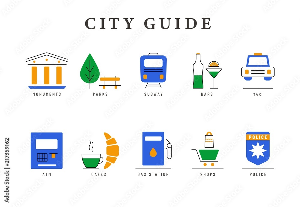 © Yelyzaveta - Colored city guide icons. Line icons set with flat design elements of city cafe, parks, monuments, subway, atm, shopping, bars and gas station. Vector logo pictogram collection concept of city badges © Yelyzaveta - Colored city guide icons. Line icons set with flat design elements of city cafe, parks, monuments, subway, atm, shopping, bars and gas station. Vector logo pictogram collection concept of city badges