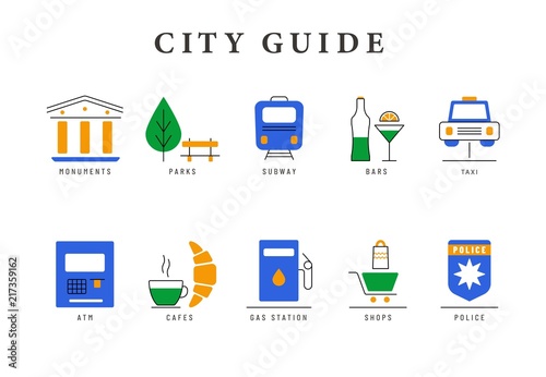 Colored city guide icons. Line icons set with flat design elements of city cafe, parks, monuments, subway, atm, shopping, bars and gas station. Vector logo pictogram collection concept of city badges