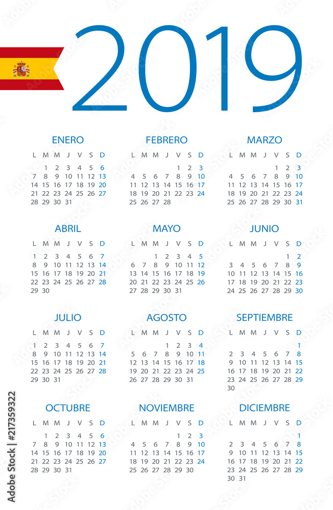 Calendar 2019 - illustration. Spanish version