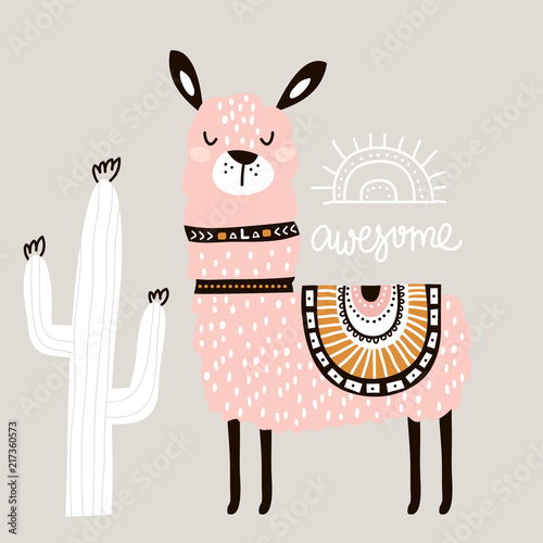 Cute cartoon llama with in tribal style. Childish print for nursery, kids apparel,poster, postcard. Vector Illustration