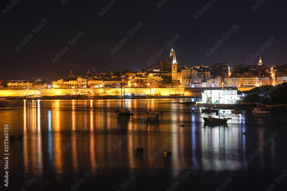 Night lights of Valletta Grand Harbour from Sliema, Malta