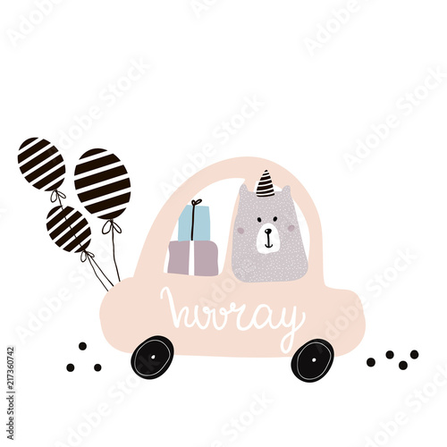 Hooray quote. Cute polar bear on cartoon car. Greeting card, posters, apparel