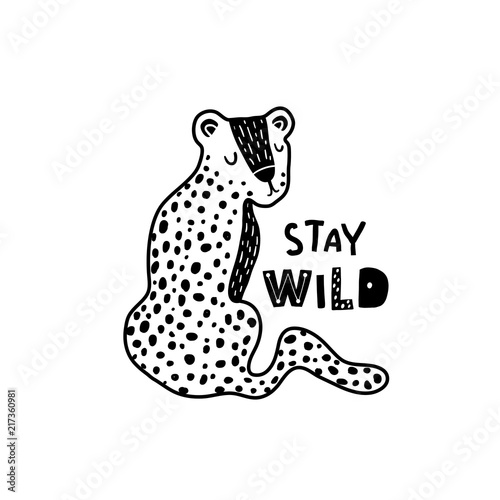 Cute hand drawn leopard in black and white style. Cartoon vector illustration in scandinavian style