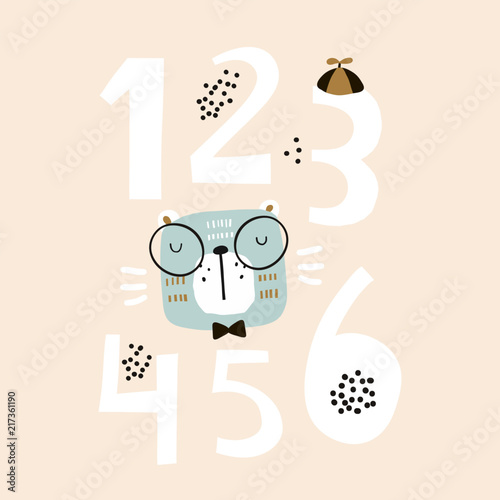 Creative numbers with cute bear. Childish print for nursery, kids apparel,poster, postcard. Vector Illustration