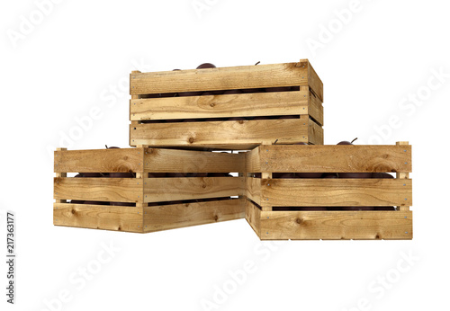 3D render. Wooden box full of passion fruit. Isolated on white background.