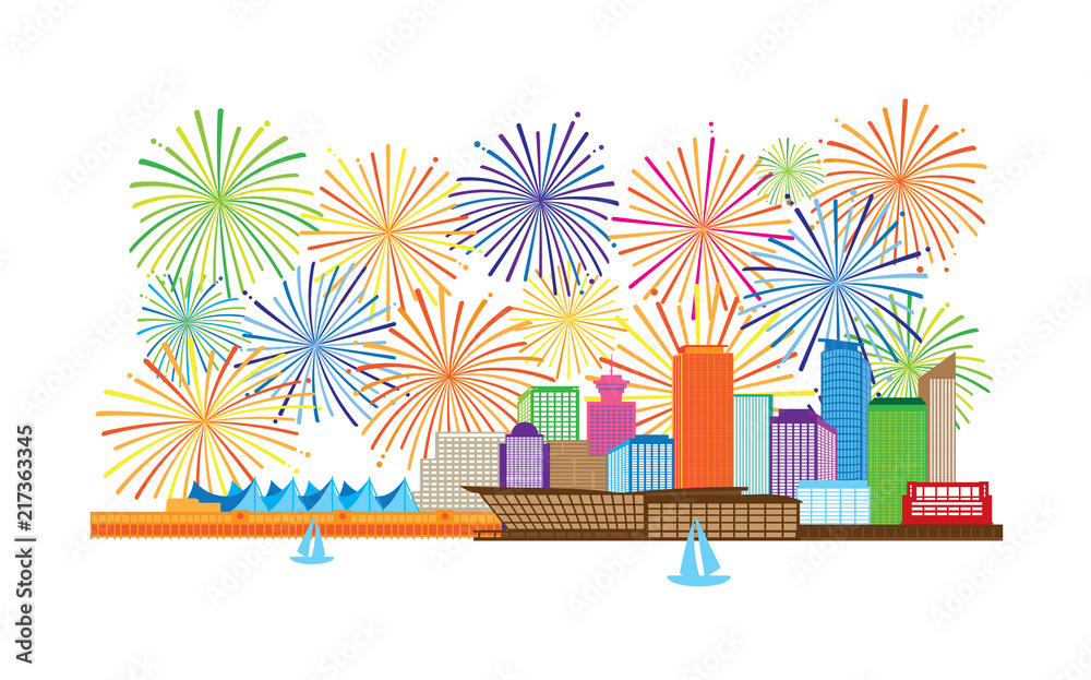 Vancouver BC Canada Skyline and Fireworks display color Illustration