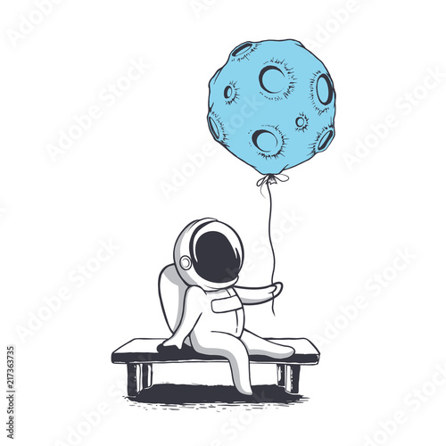 Astronaut keeps moon who like a balloon.Cosmonaut sits on bench.Vector illust...