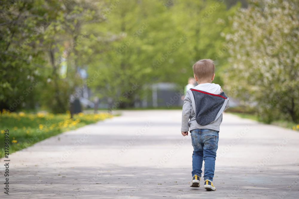 Back view of kid boy walking alone the park road in spring time. Trees in bloom. Back view of kid boy walking alone the park road in spring time. Trees in bloom.