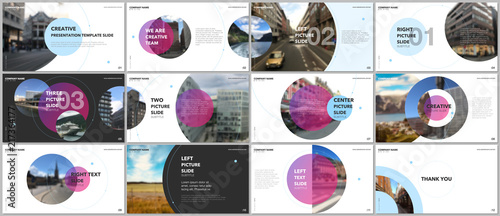 Minimal presentations design, portfolio vector templates with circle elements on white background. Multipurpose template for presentation slide, flyer leaflet, brochure cover, report, marketing.