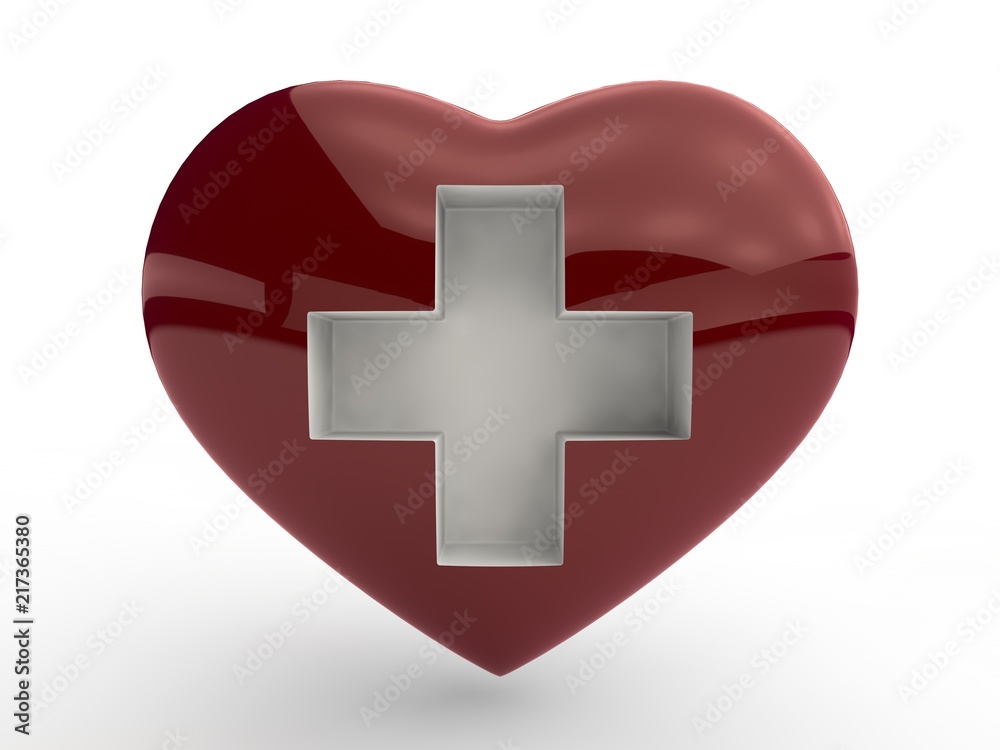 Illustration of red heart, Valentine with red cross. The idea of expensive treatment of heart diseases, the development of medicine. The image on a white background. 3D rendering Illustration of red heart, Valentine with red cross. The idea of expensive treatment of heart diseases, the development of medicine. The image on a white background. 3D rendering