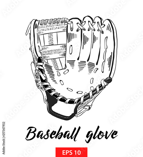 Vector engraved style illustration for posters, decoration and print. Hand drawn sketch of baseball glove in black isolated on white background. Detailed vintage etching style drawing.