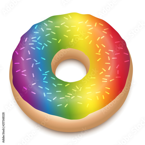 Rainbow colored donut with sprinkles. Isolated vector illustration on white background.