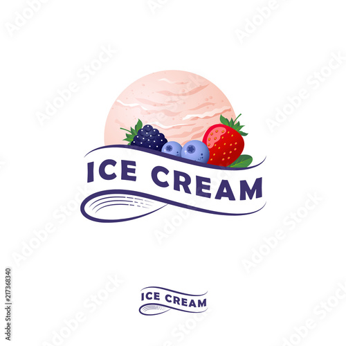 Ice cream logo. Letters on a ribbon and one scoop of ice cream with berries. Ice cream and strawberry, blueberries, blackberry and leaves. Monochrome option.