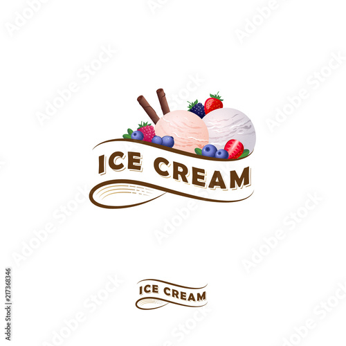 Ice cream logo. Letters on a ribbon and two scoops of ice cream with berries. Ice cream and strawberries, blueberries, blackberry, leaves with cinnamon sticks. Monochrome option.
