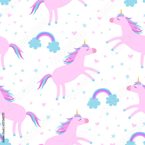 Cute cartoon colorful seamless pattern with pink unicorns rainbows and stars on white background. Perfect for kids textile, wallpaper, wrapping paper etc. Vector illustration
