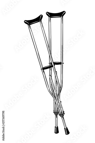 Vector engraved style illustration for posters, decoration and print. Hand drawn sketch of crutches in black isolated on white background. Detailed vintage etching style drawing.