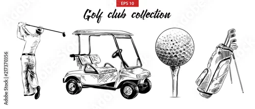Obraz Ilustracja wektorowa wygrawerowanym stylu dla plakatów, dekoracji i druku. Ręcznie rysowane szkic zestaw torbę golfową, wózek, piłkę i golfa w kolorze czarnym na białym tle. Szczegółowy rysunek akwaforta w stylu vintage.