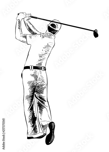 Vector engraved style illustration for posters, decoration and print. Hand drawn sketch of golfer in black isolated on white background. Detailed vintage etching style drawing.