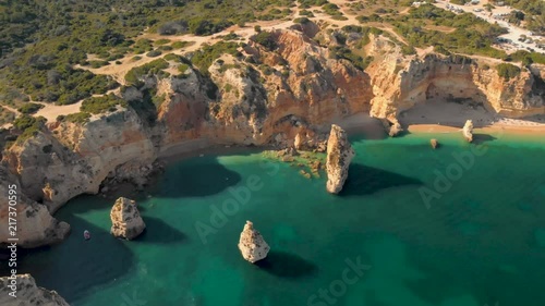 Panoramic aerial view of the Marinha beach in Algarve, Portugal