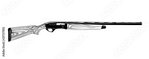 Vector engraved style illustration for posters, decoration and print. Hand drawn sketch of hunting gun in black isolated on white background. Detailed vintage etching style drawing.