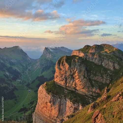 Gemmenalphorn and valley named Justistal. View from Mount Niederhorn Landscape in the Bernese Oberland. Swiss Alps. photo