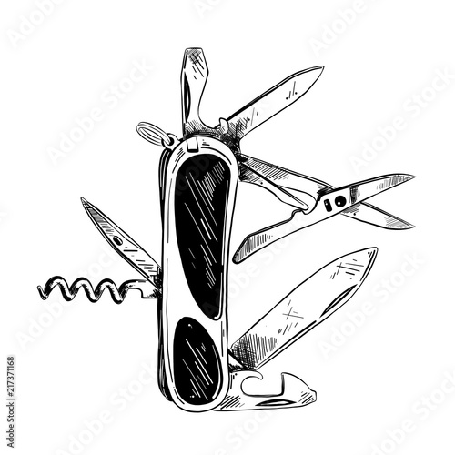 Vector engraved style illustration for posters, decoration and print. Hand drawn sketch of jack knife in black isolated on white background. Detailed vintage etching style drawing.