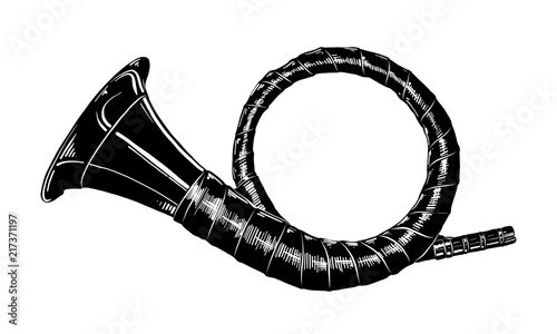 Vector engraved style illustration for posters, decoration and print. Hand drawn sketch of hunting horn in black isolated on white background. Detailed vintage etching style drawing.