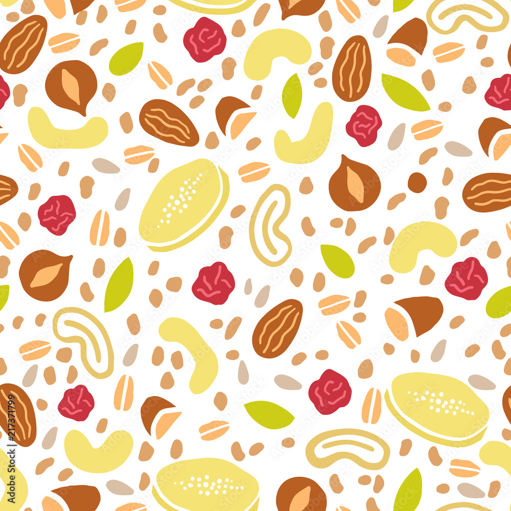 Granola raisin background. Vector hand drawn seamless pattern