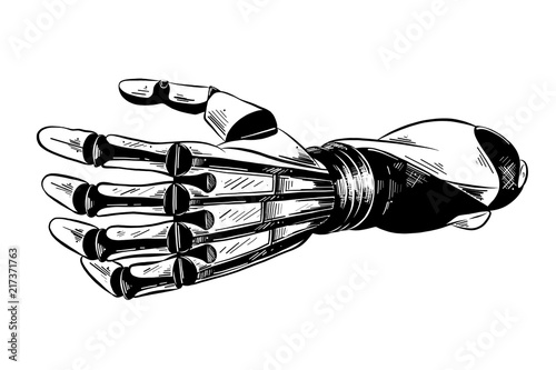 Vector engraved style illustration for posters, decoration and print. Hand drawn sketch of robotic arm in black isolated on white background. Detailed vintage etching style drawing.