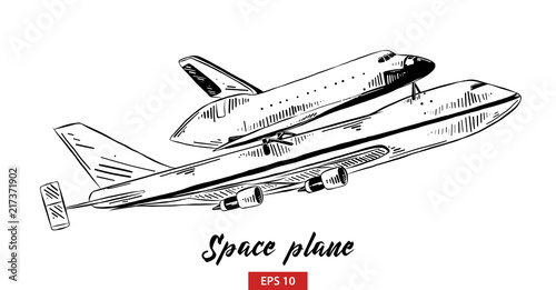 Vector engraved style illustration for posters, decoration and print. Hand drawn sketch of space plane in black isolated on white background. Detailed vintage etching style drawing.