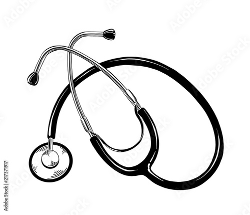 Vector engraved style illustration for posters, decoration and print. Hand drawn sketch of stethoscope in black isolated on white background. Detailed vintage etching style drawing.