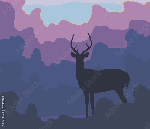 Blue silhouette of a deer against a background of blue forest evening trees  lilac pink clouds and setting sun vector illustration.