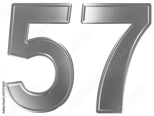 Numeral 57, fifty seven, isolated on white background, 3d render
