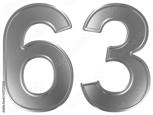 Numeral 63, sixty three, isolated on white background, 3d render