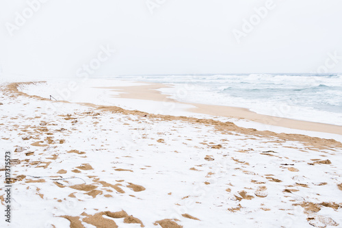 Jumunjin beach with snow at winter in Gangneung, Gangwon-do, Korea photo