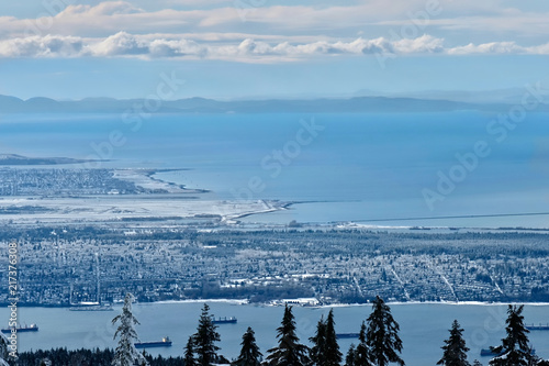Scenic view of Howe Sound, Vancouver airport YVR and Vancouver Island from Cypress Mountain. Beautiful British Columbia. Canada.