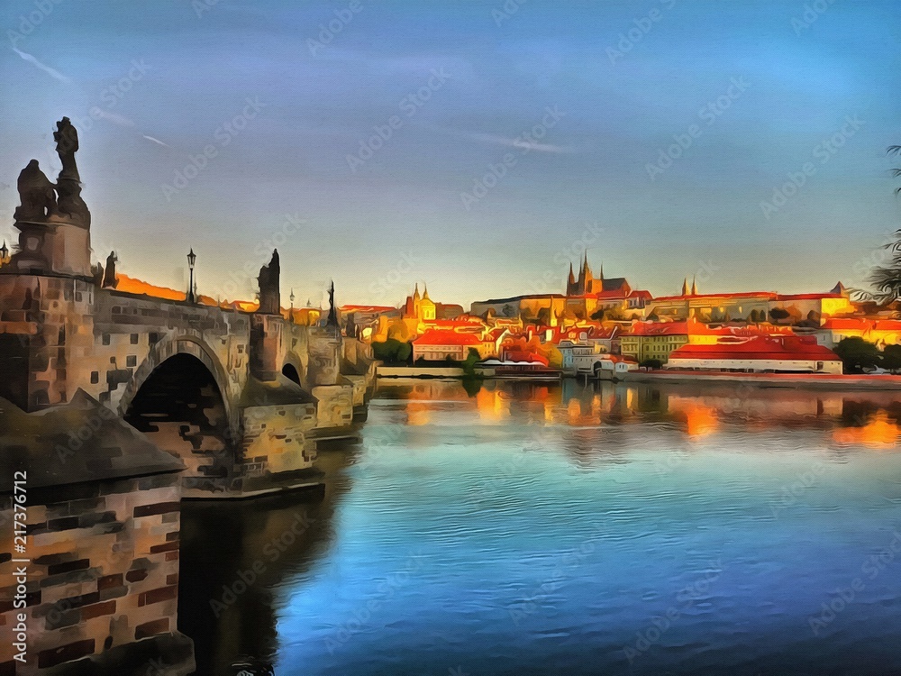 Oil painting. Art print for wall decor. Acrylic artwork. Big size poster. Watercolor drawing. Modern style fine art. Historical part of Prague. Czech Republic. Charles Bridge. Karlovy Vary. 