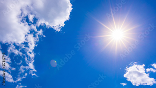 Hot summer or heat wave background, wonderful blue sky with glowing sun