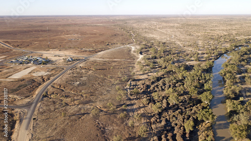 Aerial view of Cooper creek and the outback town of Innamincks, South Australia.