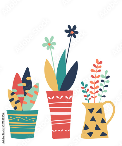 Hand drawn of colorful flowers pot isolated on white background. Vector illustration design.
