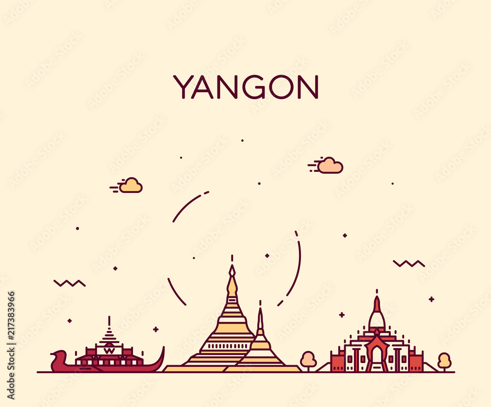 Yangon skyline, Myanmar vector linear style city
