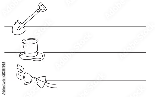 banner design - continuous line drawing of business icons: shovel, top hat, bow tie