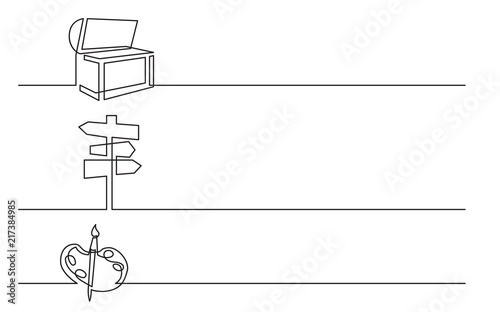 banner design - continuous line drawing of business icons: treasure chest, direction sign, artist palette