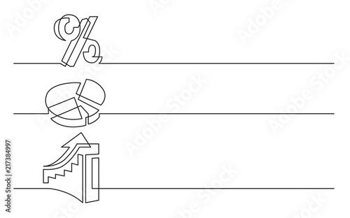 banner design - continuous line drawing of business icons: percent sign, pie chart, rising diagram