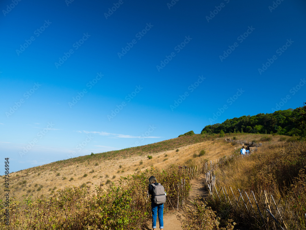 Chiangmai Thailand.Traveler with backpack enjoying view on inthanon mountain.