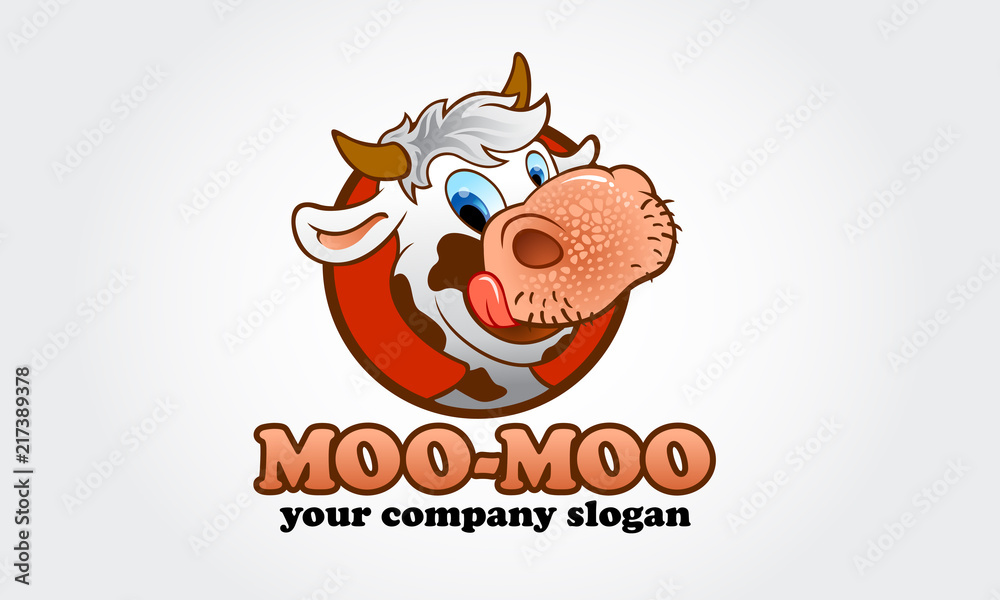 Moo-Moo Logo Cartoon Character. Happy cartoon cow, Illustration of a cow  and a sign. Cartoon Figure with fun style, can make your header or logo  mascot funnier and playful. Stock Vector |